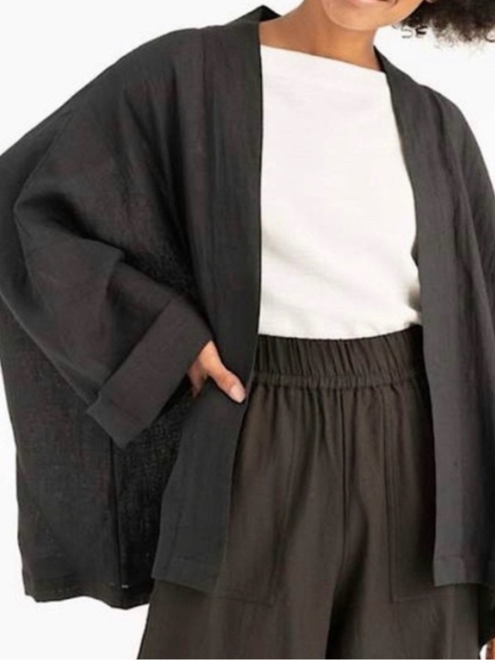 Tribe Alive Organic Linen Open Kimono Jacket Black One Size Oversized